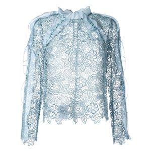 SELF-PORTRAIT Blue Cutout Ruffle Guipure Lace Top